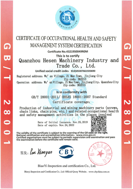 China Quanzhou Hesen Machinery Industry Co., Ltd. Zertifizierungen